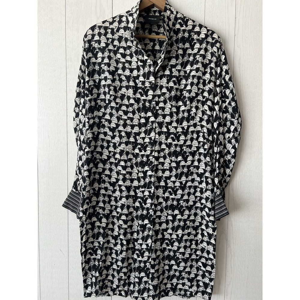 Akris Tunic Silk ai Handbag Printed Mock Neck Button Front AOP Womens 8 Black